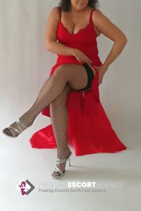 Woman in red dress posing with fishnet stockings.