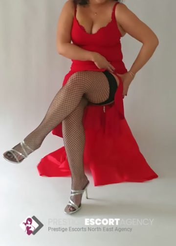 Woman in red dress posing with fishnet stockings.